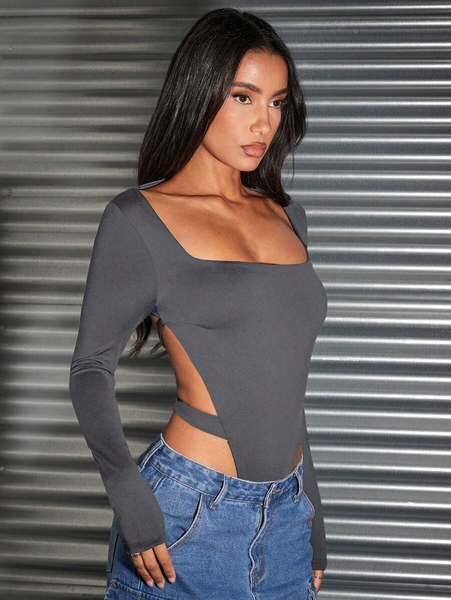 SHEIN BAE 情人節長袖女性方領性感露背連體褲 - 深灰色 - 查看 1