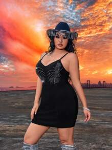 SHEIN SXY Plus Size Women's Black Summer 70's Night Out Club Party Rave Music Festival Country Concert Heavy Duty Rhinestone Studded Bandage Cami Dress - Black - View 7