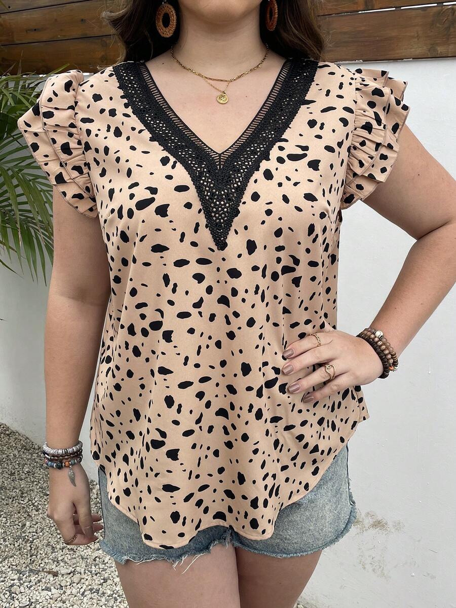 EMERY ROSE Blusa De Talla Grande Con Estampado De Leopardo Y Encaje De Remiendo - Caqui - Ver 1