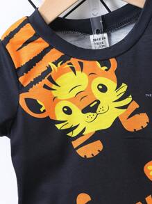 Baby Boy Cartoon Tiger Printed Top With Color Block Shorts Set - Black - View 4