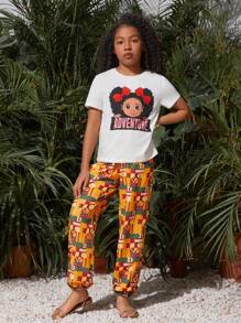 SHEIN Conjunto De Camiseta De Manga Corta Impresa Con Personajes Y Pantalones Estampados De Longitud Completa Para Niñas, Uso Diario Casual En Primavera Y Verano - Blanco - Ver 5