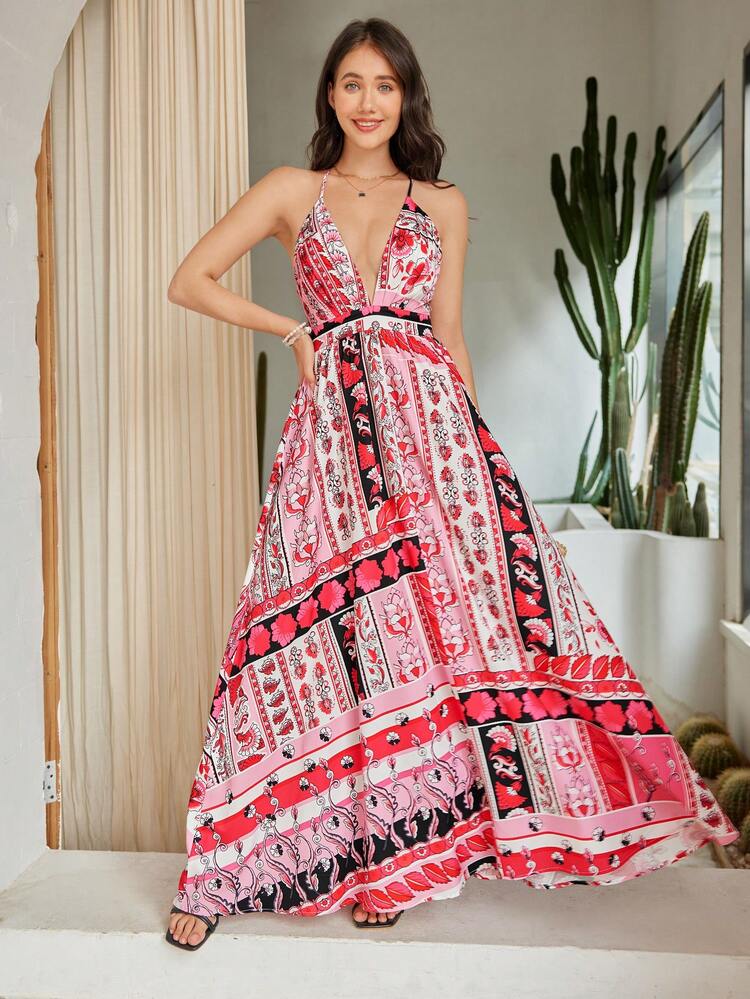 Women's Floral Print Backless Spaghetti Strap Dress