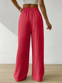 SHEIN EZwear Women's Summer Solid Color Beige High Waist Drawstring Waist Linen Wide Leg Pants - Red - View 2