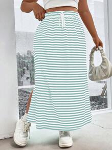 Flirla Plus Size Striped Drawstring Waist Side Slit A-Line Skirt With Diagonal Pockets - Blue and White - View 6