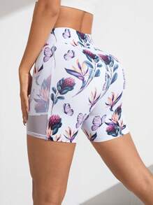 Easithlete Floral Print Sports Shorts With Phone Pocket Biker Shorts Spandex Short - White - View 2