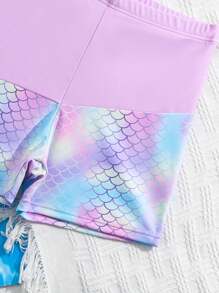 Tween Girl Random Print Raglan Long Sleeve Top And Shorts Tankini Set - Pink - View 8