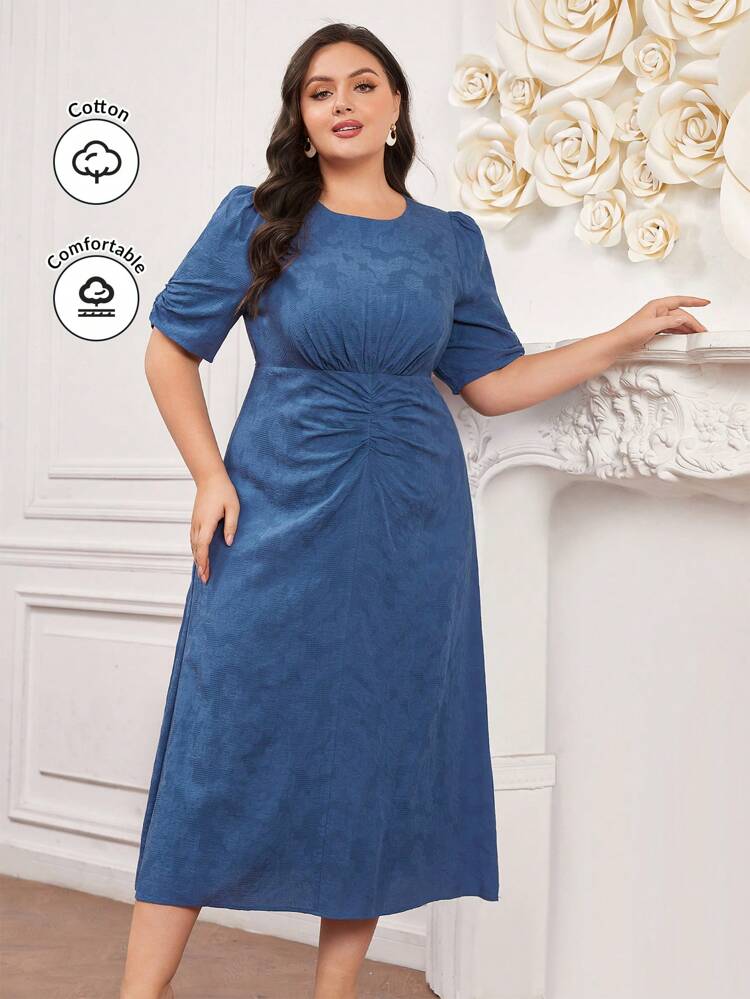 Plus Size Women's Round Neck Short Puff Sleeve Dress Long Evening Dresses