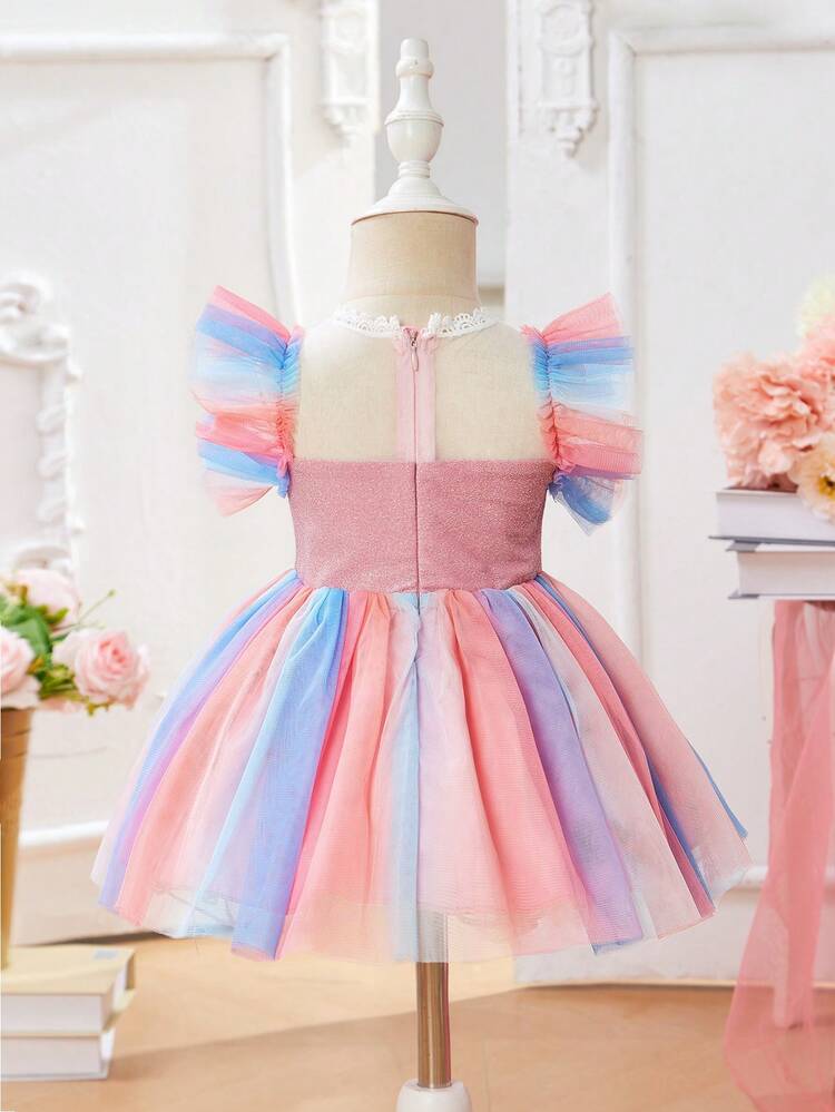 Baby Girl Contrast Mesh Splice Square Collar Dress