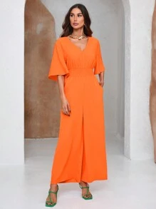 GENKIRA Solid Color V-Neck Wide Leg Jumpsuit With Elastic Waist - Orange - View 1
