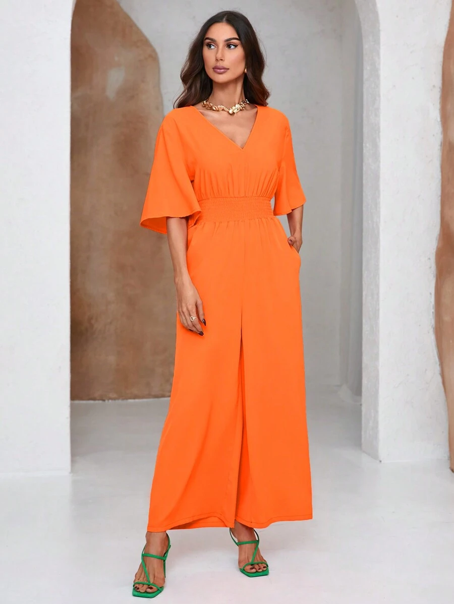 GENKIRA Solid Color V-Neck Wide Leg Jumpsuit With Elastic Waist - Orange - View 1