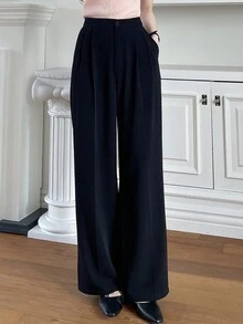 DAZY Solid Color Straight Leg Pants Pockets Women's Suit Pants - Black - View 6