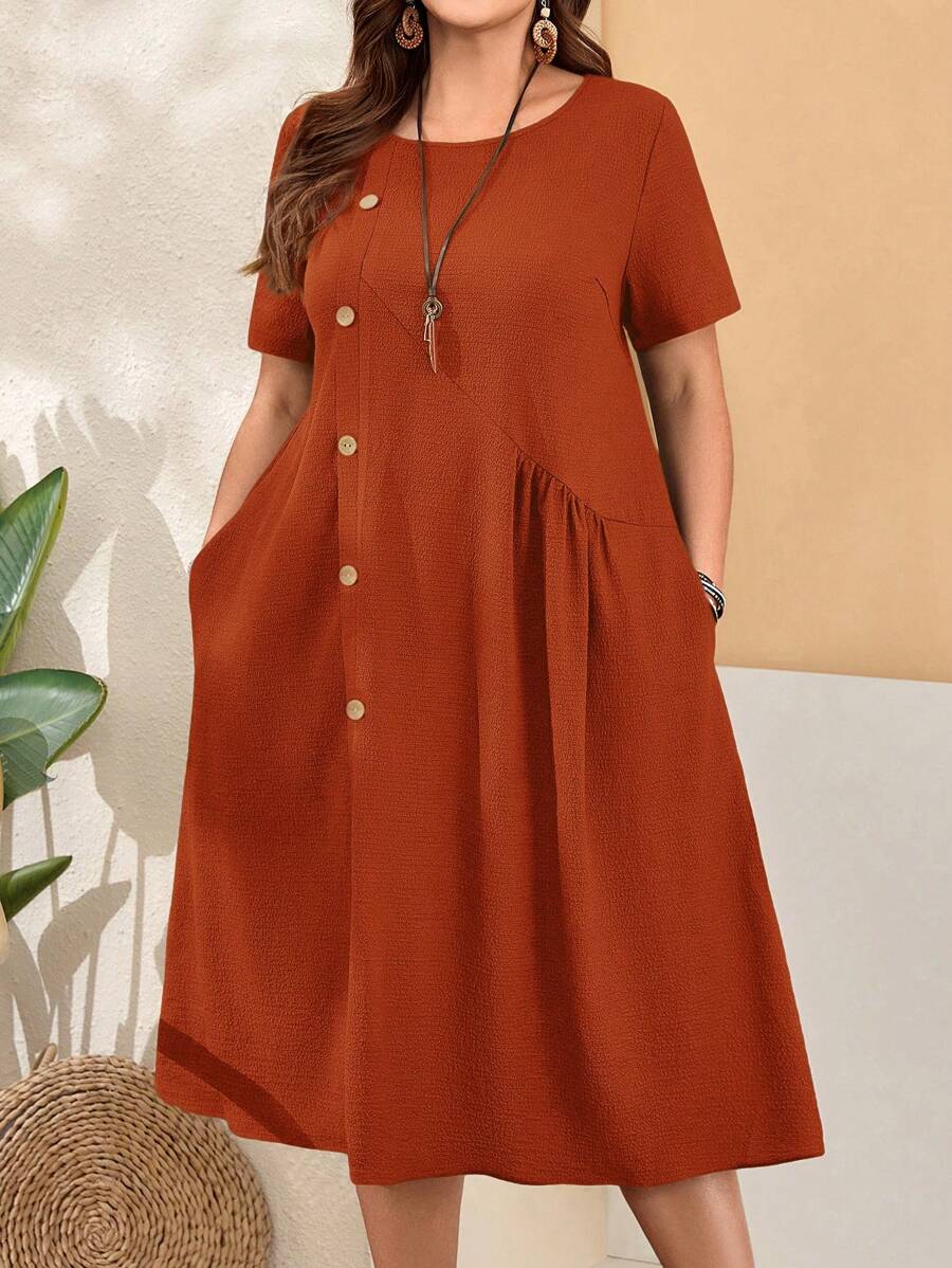 EMERY ROSE Kích thước lớn Của phụ nữ Lỏng lẻo phù hợp Có nút Tay áo ngắn Vòng cổ Túi Màu xanh lá Đầm Với Bên Cho mùa xuân - Rỉ Nâu - Xem 1
