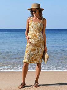 SHEIN Maternity Tropical Print Wrap Dress With Ruffled Hem - Yellow - View 4
