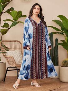 Al Najma Robe À Manches Longues Et Col En V De Style Arabe Pour Femmes De Grande Taille, Impression Aléatoire