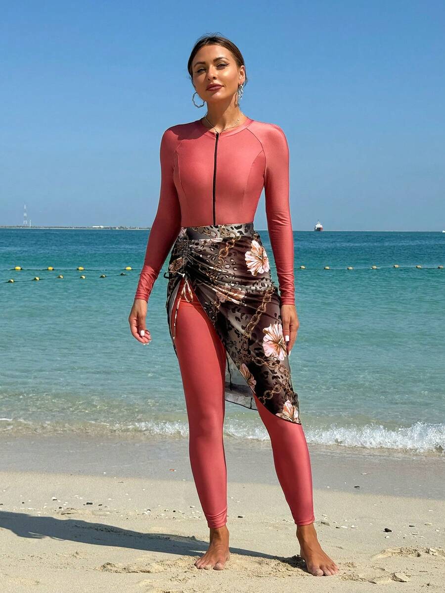 Swim Mulvari 女士拉格蘭長袖布基尼三件套，包括褲子和網紗裙 - 彩色 - 查看 1