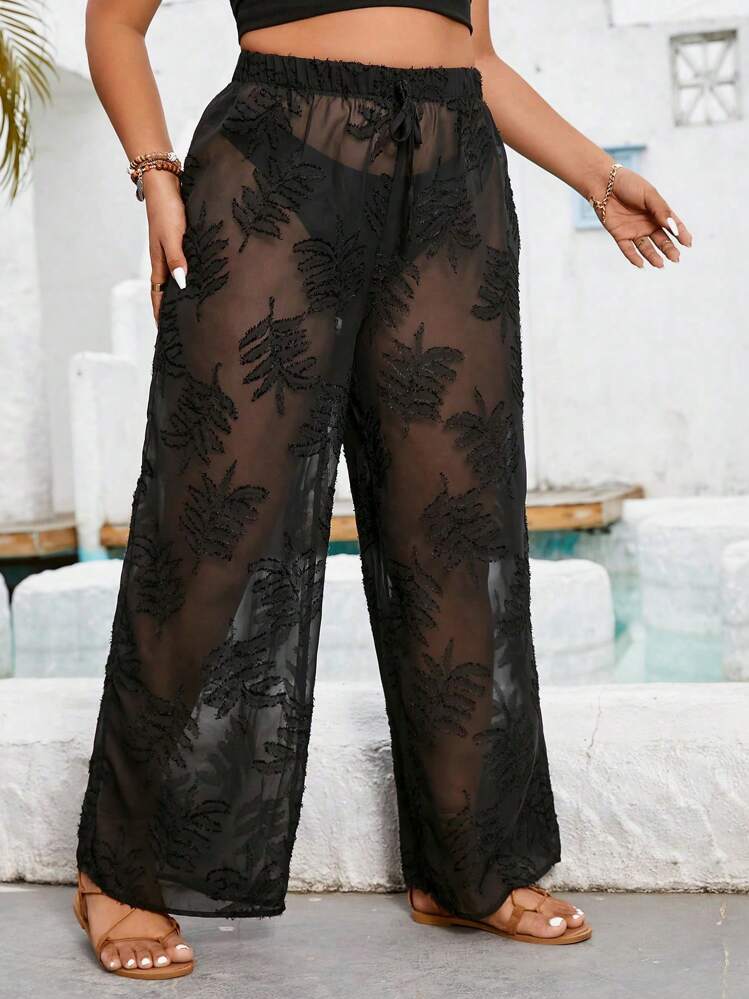 SHEIN Holidaya Pantalones De Talla Grande Con Detalle De Flores En La Cintura Elástica Y Patas Anchas - Negro - Ver 4