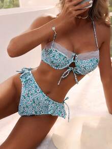 SHEIN Swim Ditsy Floral Small Bust Bikini Set With Underwire, Bikini Set Summer Beach - Multicolor - View 5