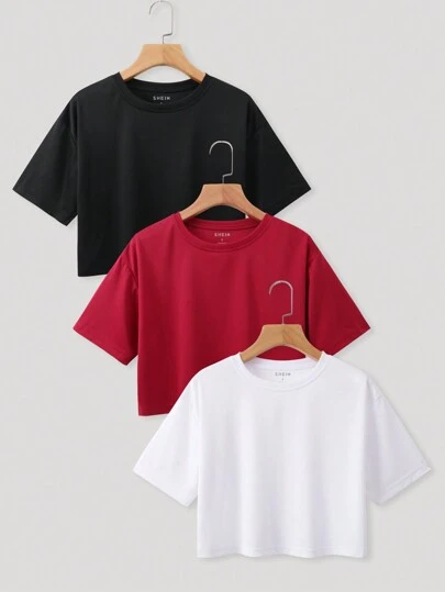 INAWLY Women's Solid Color Crop Top With Short Sleeves And Round Neckline