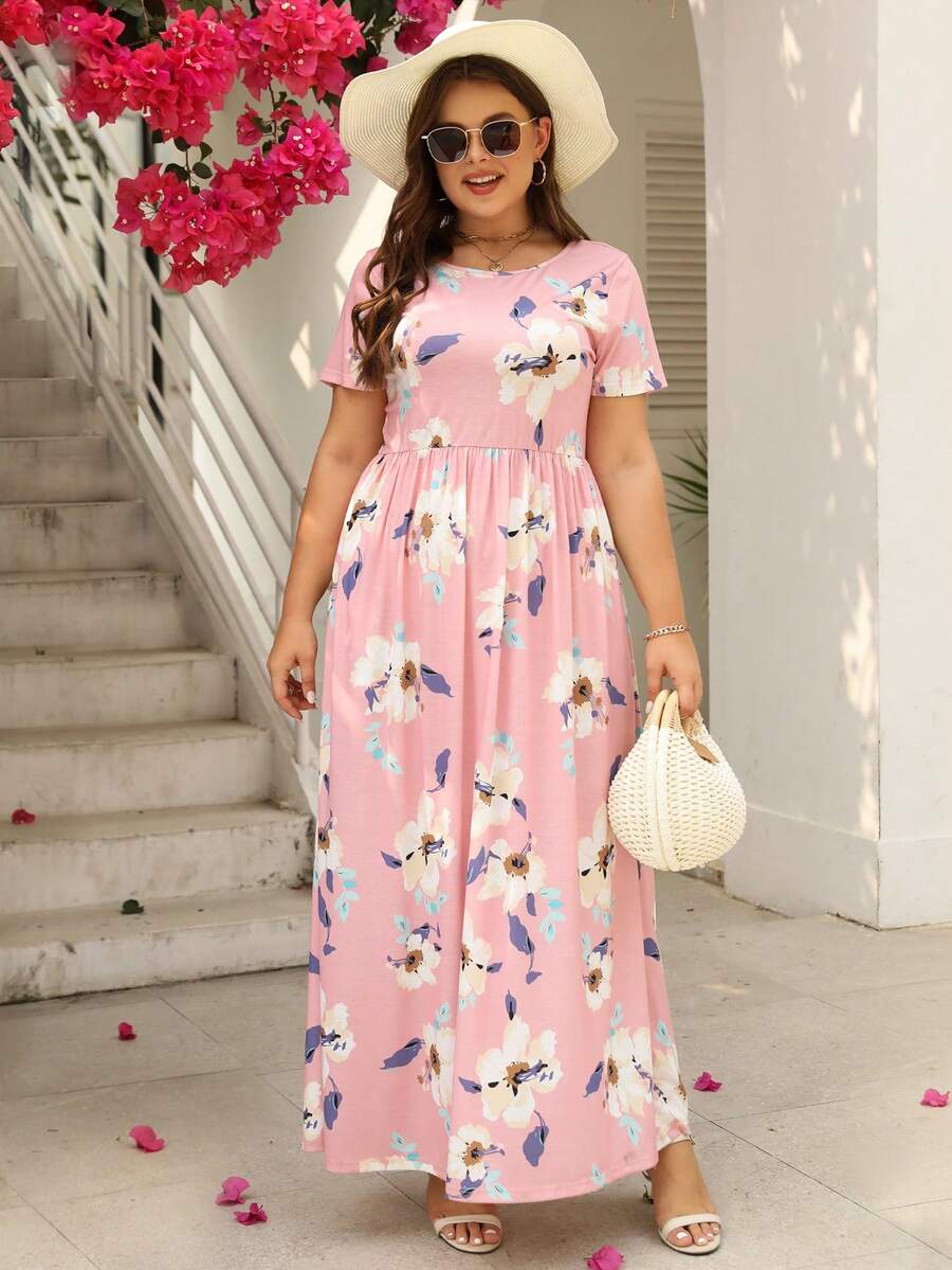 Nemidor Plus Size Floral Print Round Neck Empire Waist Midi Dress - Pink - View 1
