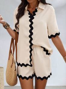 SHEIN LUNE Ladies' Patchwork Wave Woven Belt Short Sleeve Open Front Top And Shorts Set - Apricot - View 4