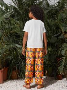 SHEIN Conjunto De Camiseta De Manga Corta Impresa Con Personajes Y Pantalones Estampados De Longitud Completa Para Niñas, Uso Diario Casual En Primavera Y Verano - Blanco - Ver 2
