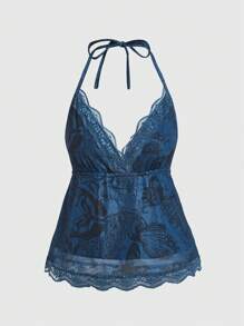 ROMWE Hippie Mermaid Starfish Print Contrast Lace Halter Top - Navy Blue - View 1