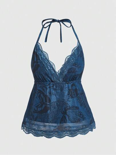 Hippie Sirena Top halter con estampado de estrella de mar con encaje en contraste