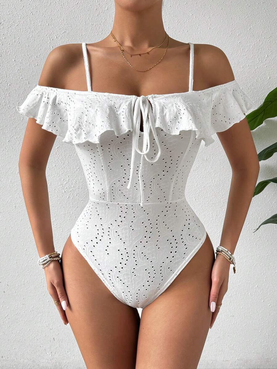 Allurite Women's Ruffle Off-Shoulder Floral Pattern Embroidery Bodysuit - White - View 1