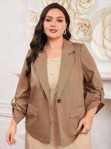 Mulvari Blazer De Un Solo Botón De Color Sólido De Talla Grande Con Bolsillos - Caqui - Ver 1