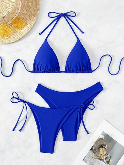 Swim Basics 3pcs/Set Ladies' Solid Color Halter Neck Bikini Set, Bikini Set Swimwear Bathing Suit Beach Outfit Summer Vacation,Summer Beach