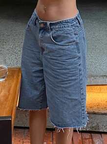 DAZY Shorts de mezclilla sueltos de unicolor de felpa para mujer, ropa de vuelta a la escuela