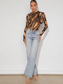 Hauture Animal Print Mock Neck Draped Bodysuit - Multicolor - View 6