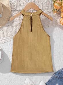 SHEIN Tween Girl Casual Vacation Metal Texture Halter Neck Shirt - Gold - View 2