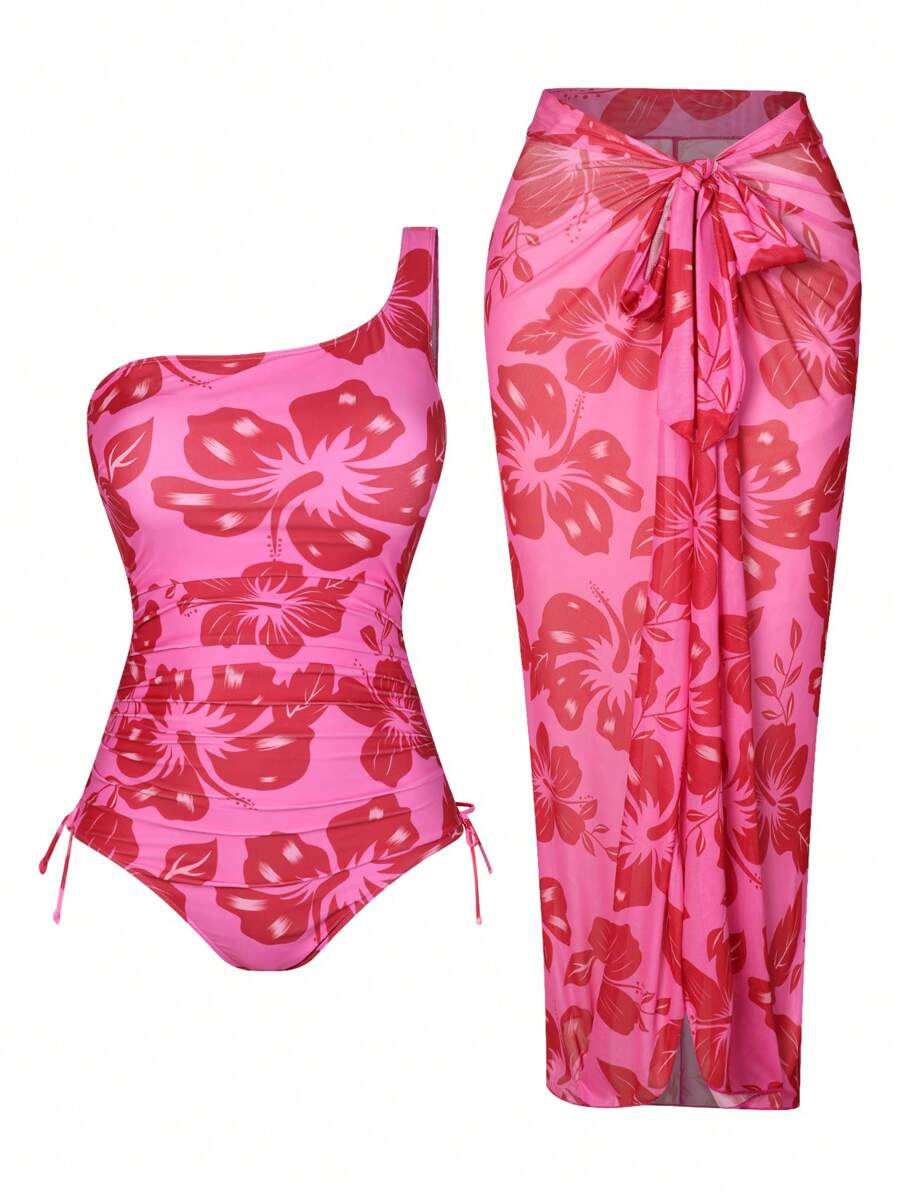 Swim Oasis Plus Size Summer Beach Floral Printed One-Shoulder One-Piece Swimsuit With Matching Cover-Up Skirt, 2pcs/Set - Hot Pink - View 1