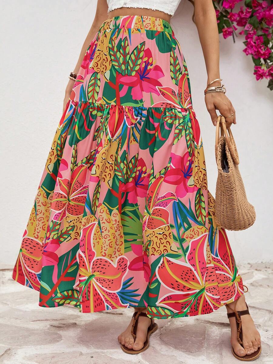 Vivid Eden Summer Women's Long Flower Printed Loose Skirt With Ruffled Hem - Multicolor - View 1