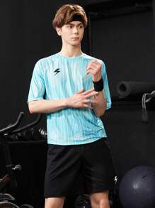 SHEIN Teen Boy Leisure Geometric Number Pattern Printed Lightning Logo Sports Short Sleeve T-Shirt With Sports Loose Shorts Suit, Summer, Sports, Running, Gym - Multicolor - View 5