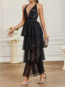SHEIN Belle Solid Color Mesh V-Neck Halter Bridesmaid Dress With Patchwork - Black - View 5