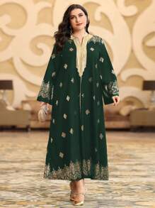 Al Najma 大尺碼女士阿拉伯服裝,長袖花卉印花,金色鍍金編織肩帶設計 - 墨綠色 - 查看 5