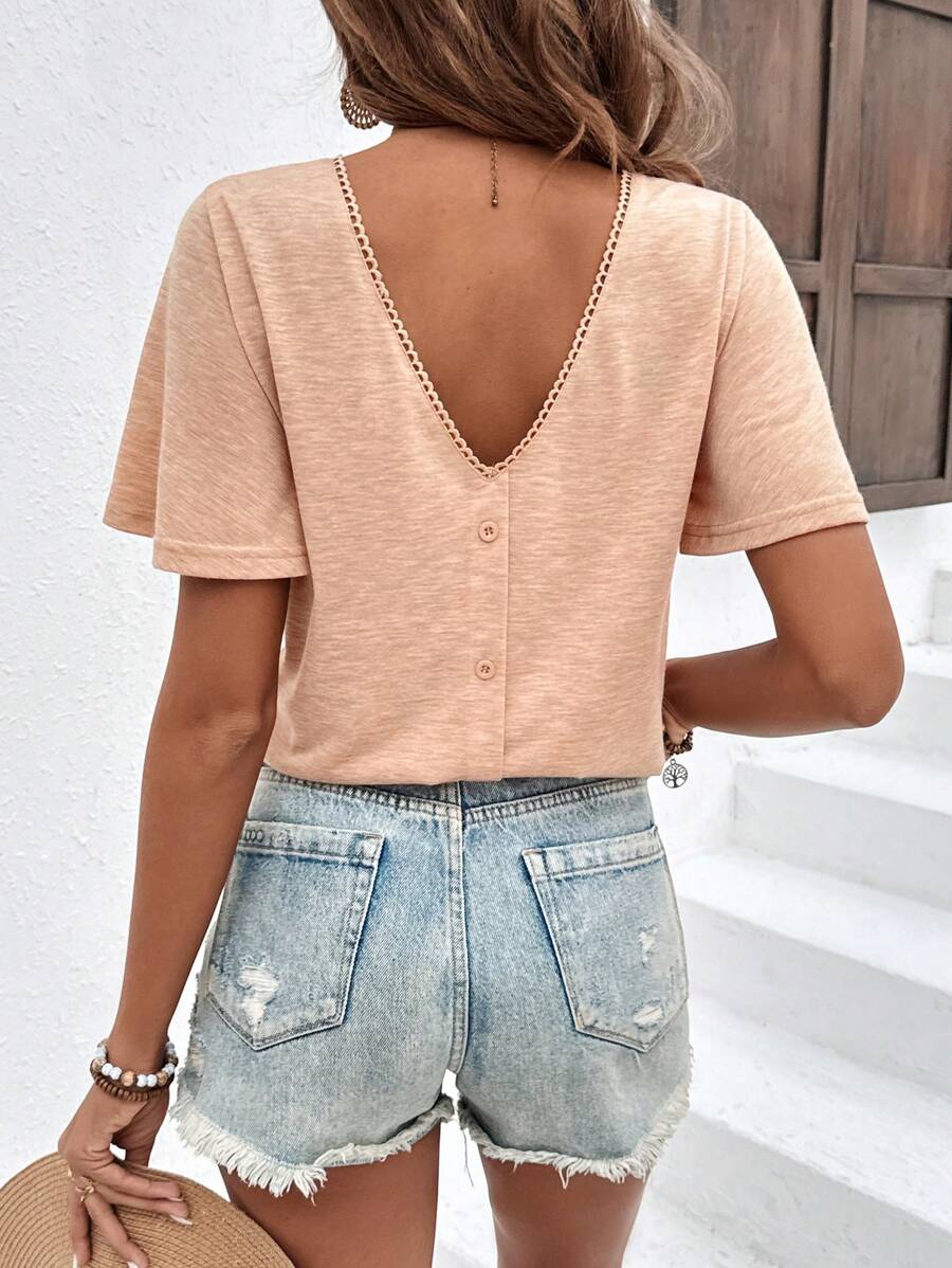 SHEIN Frenchy Butterfly Sleeve V-Neck T-Shirt With Back Decorative Buttons Summer Casual - Apricot - View 1