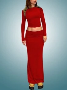 INAWLY 女士圓領長袖修身上衣和裙子,2件套裝 - 紅色 - 查看 3