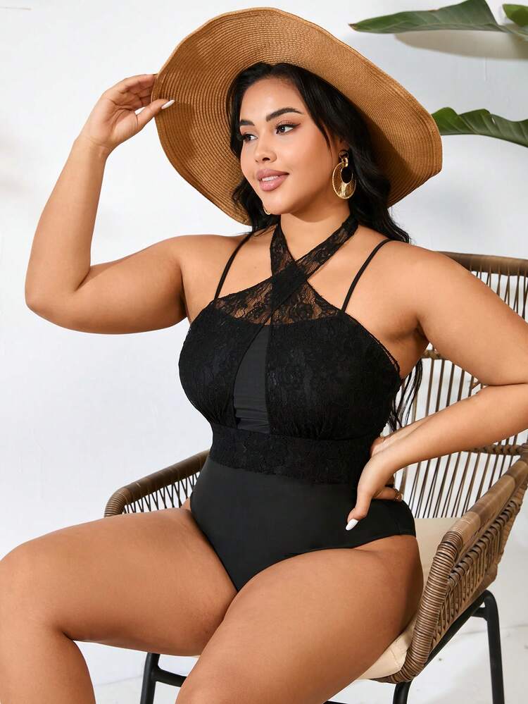 Plus Size Solid Color Lace Splicing One Piece Swimsuit Summer