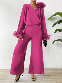 Chiquease 2pcs/Set Top And Wide Leg Pants With 3d Floral Decoration
