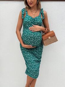 SHEIN Maternity Floral Print Shoulder-Tie Ruched Dress - Green - View 1