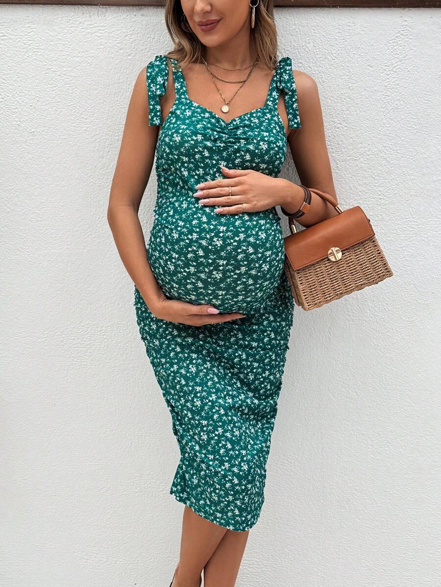 SHEIN Maternity Floral Print Shoulder-Tie Ruched Dress - Green - View 1