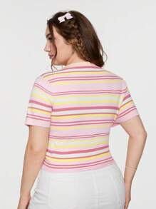 SHEIN Qutie Plus Size Women's Rainbow Stripe Front Drawstring Ruched Short Sleeve Knitted Top