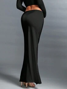 SHEIN BAE 緞面人魚款式低腰優雅長派對裙適用約會 - 黑色 - 查看 2