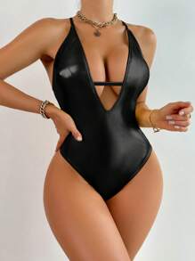 SHEIN Swim 女士纯色深V领镂空连体泳衣，适合游泳、度假、夏季海滩 - 黑色 - 查看 3