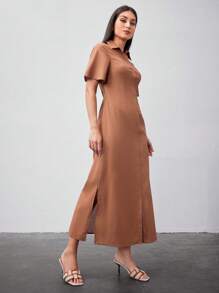 Seusyu 女士純色短袖襯衫裙 - 摩卡棕 - 查看 6