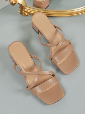Women's Mule Sandals, Apricot High-Heeled & Thick-Heeled & Ankle-Strap & Toe-Open Sandals, Elegant Pu Leather Shoes