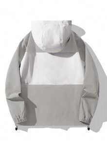 男士春秋時尚休閒彩塊拉鍊前帶束帶帽夾克 - 淺灰色 - 查看 2
